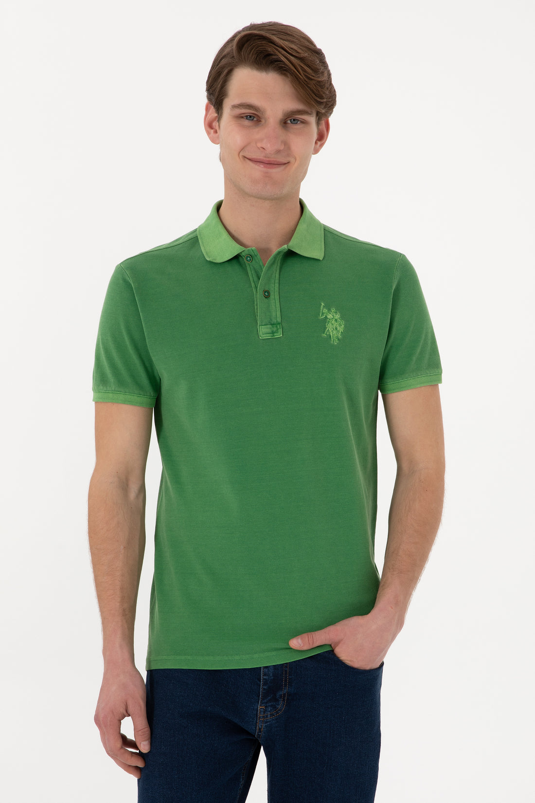 Men's Slim Fit Polo Neck Green Wash Basic T-Shirt