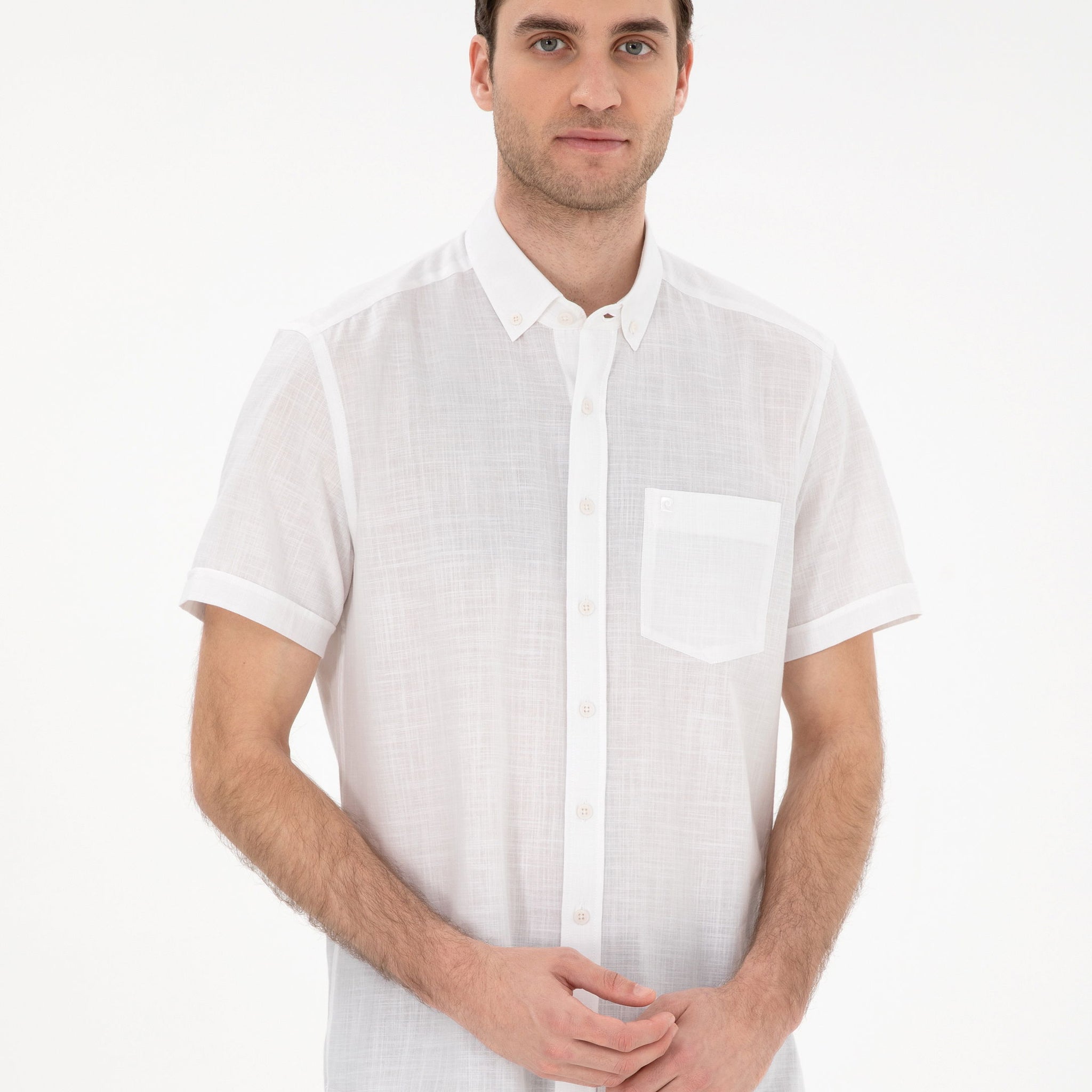 White Linen Look Regular Fit Short Sleeve Shirt