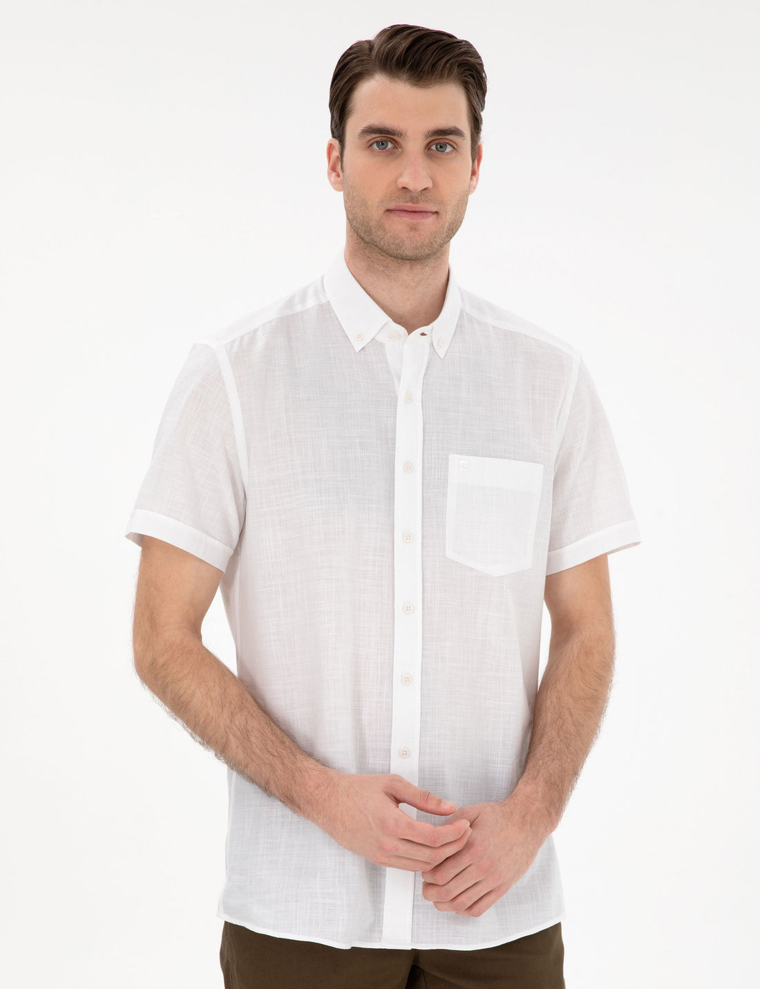 White Linen Look Regular Fit Short Sleeve Shirt