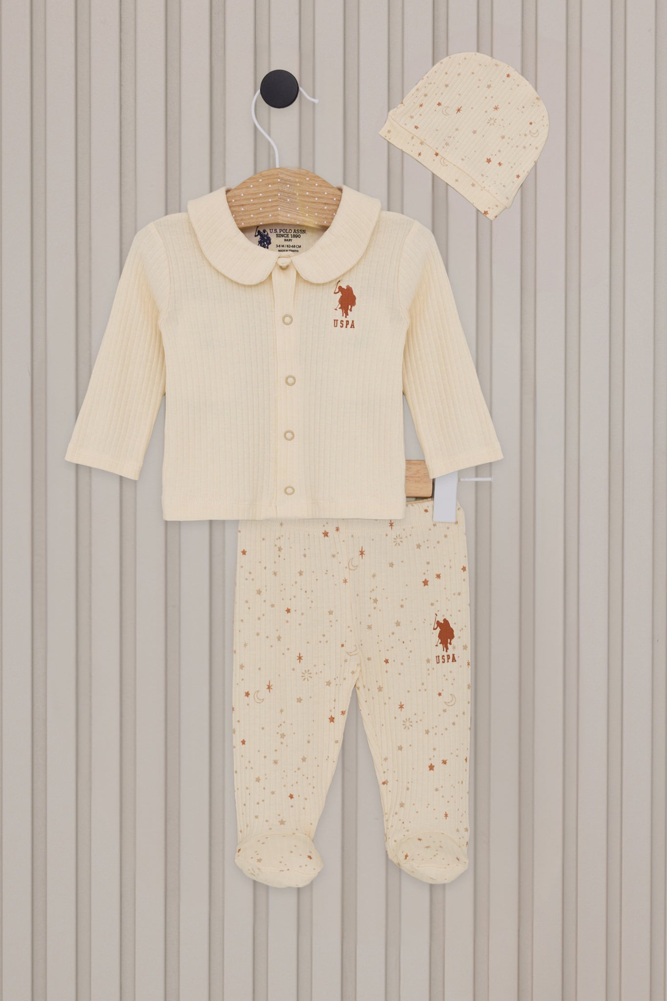 Baby Girl Cream Sky Pattern Ribbed 100% Cotton 3-Piece Pajama Set