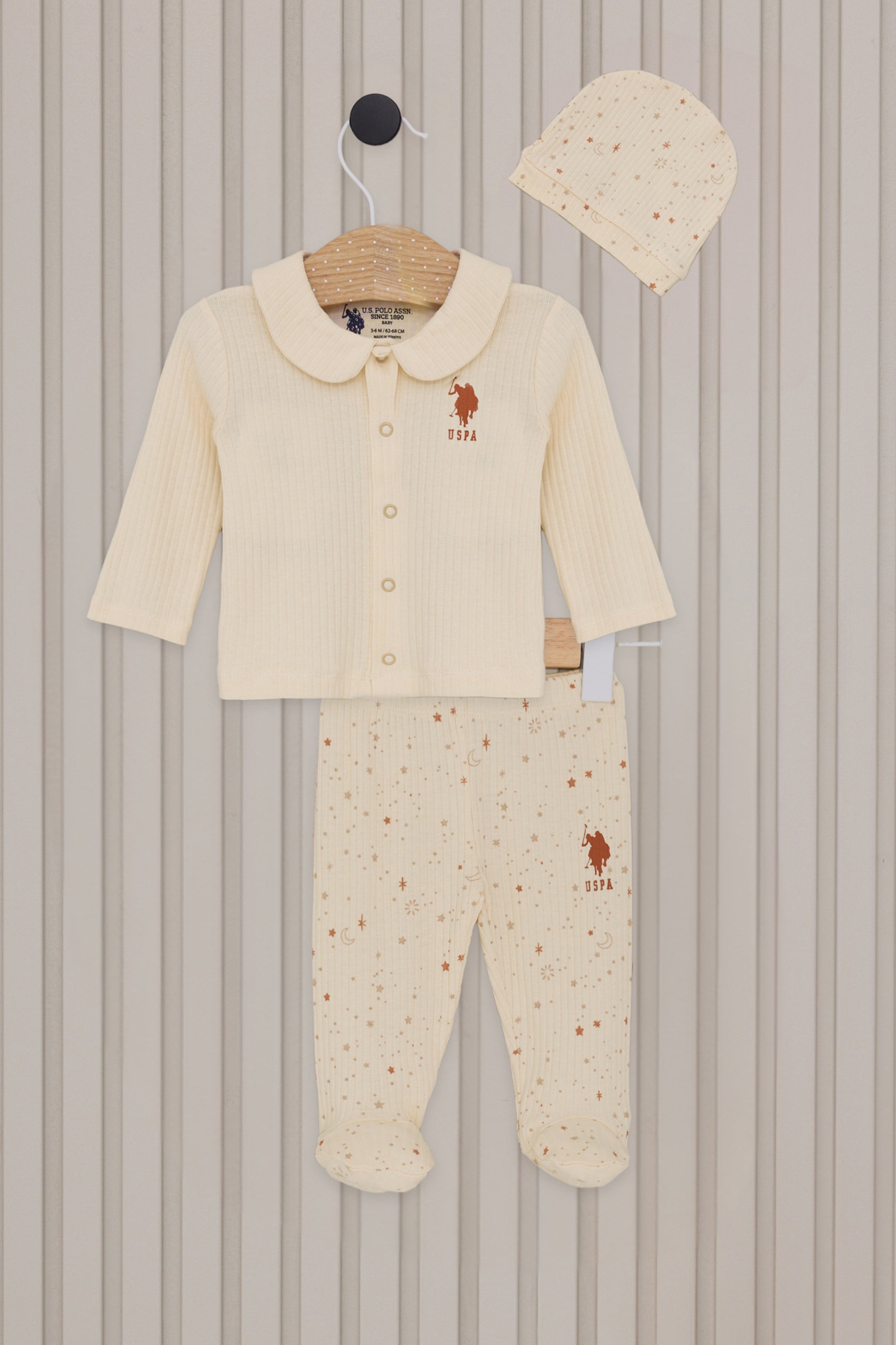 Baby Girl Cream Sky Pattern Ribbed 100% Cotton 3-Piece Pajama Set