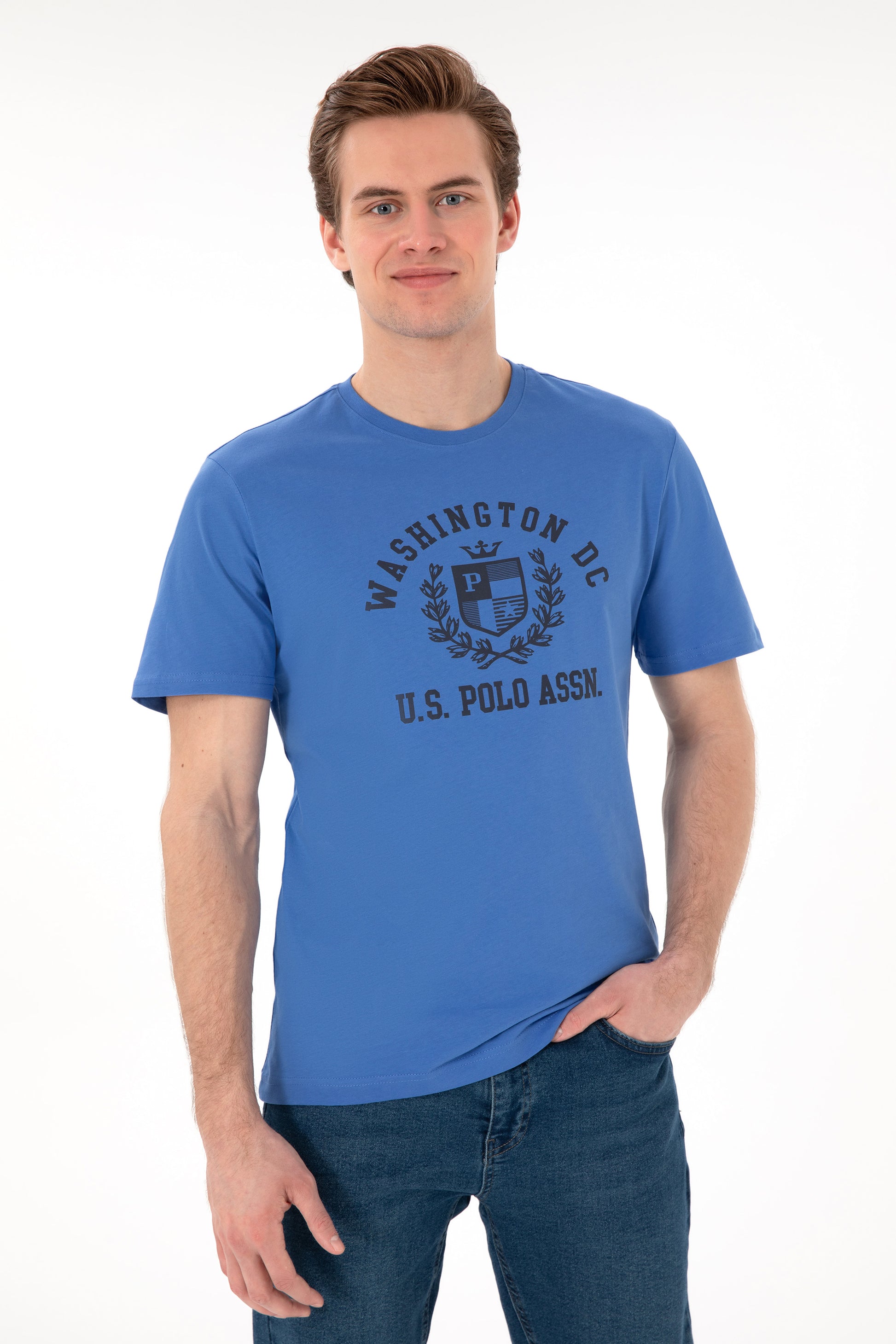 Men's Regular Fit Crew Neck Printed Indigo T-Shirt