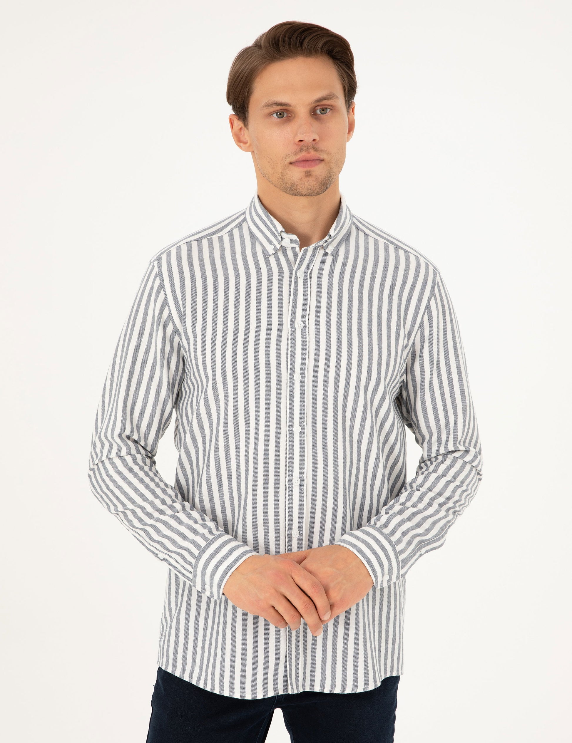 Navy Blue Regular Fit Striped Long Sleeve Shirt