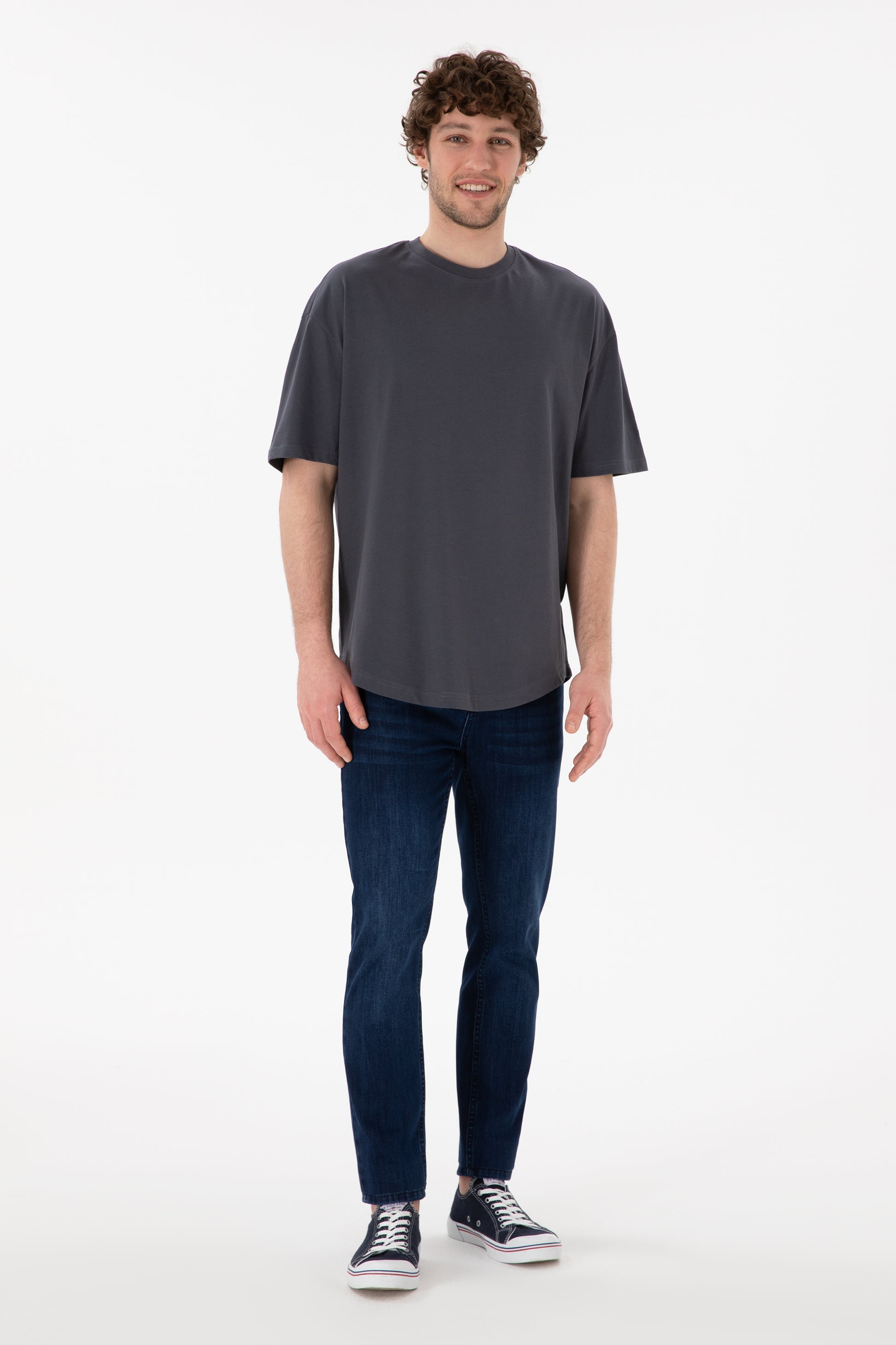 Men's Long Fit Crew Neck Anthracite Basic T-Shirt