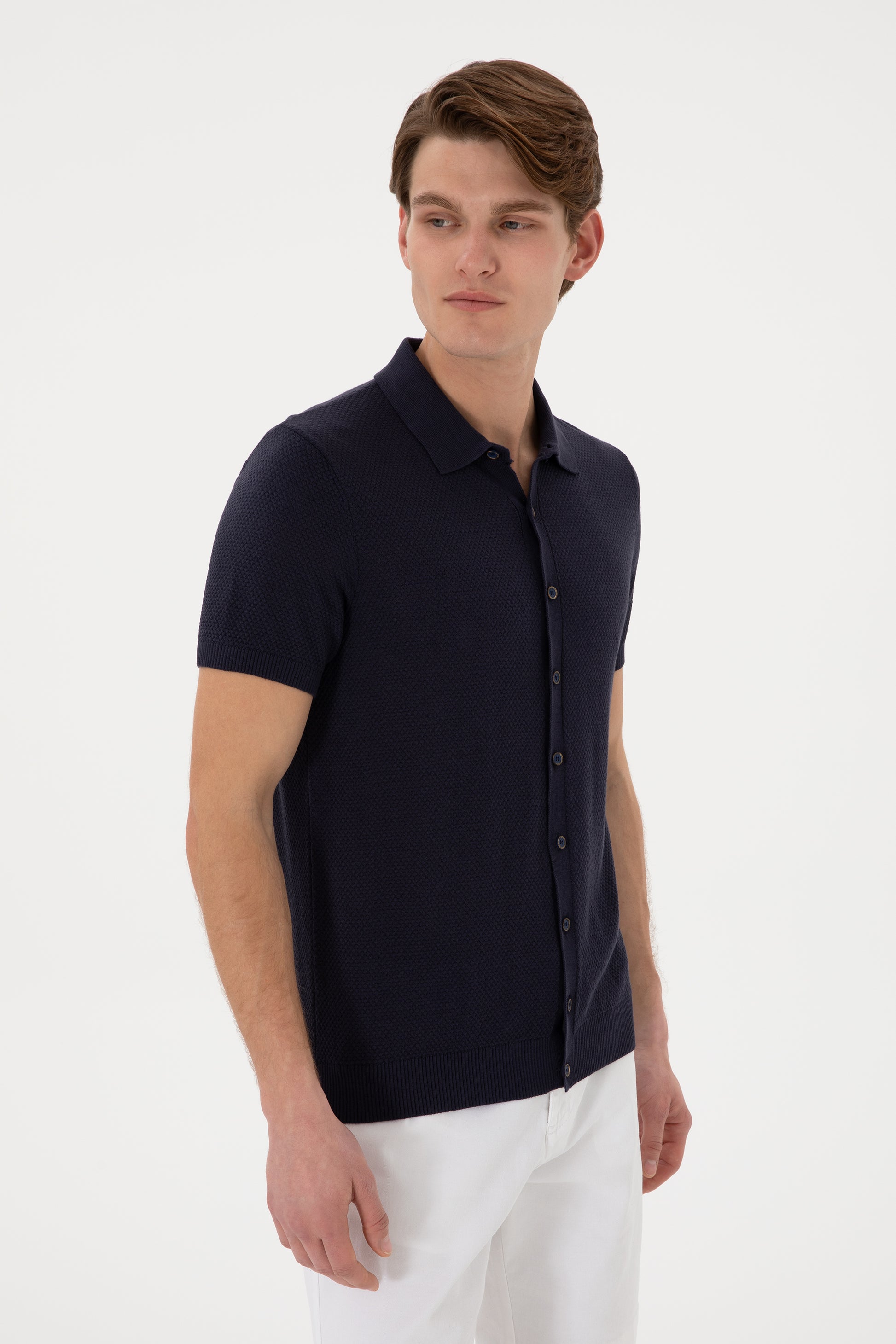 Men's Regular Fit Navy Blue Buttoned Knitwear T-Shirt