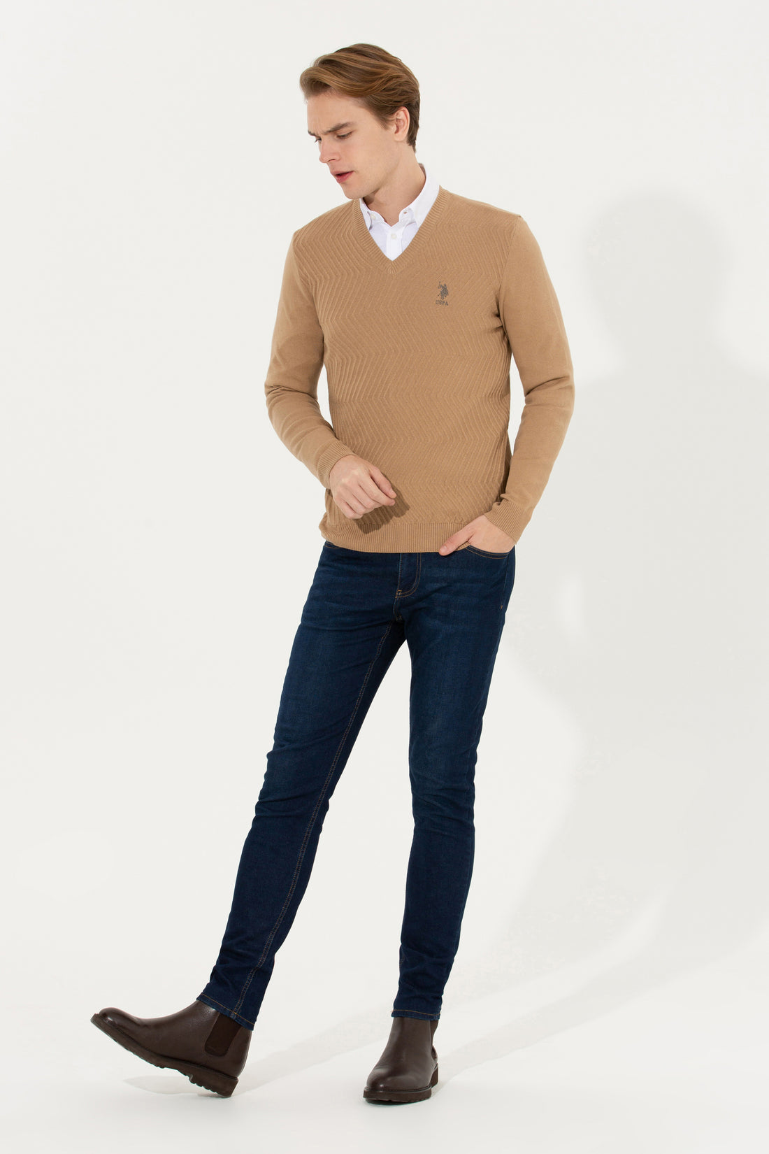 Men's Camel Melange V Neck Knitwear Sweater