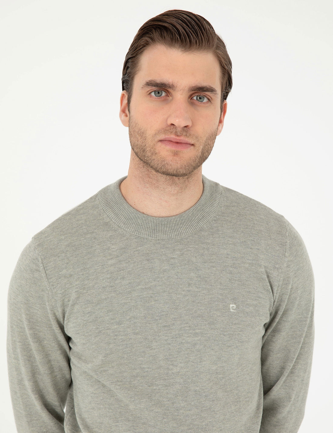 Light Grey Melange Slim Fit Quarter Neck Basic Knitwear Sweater