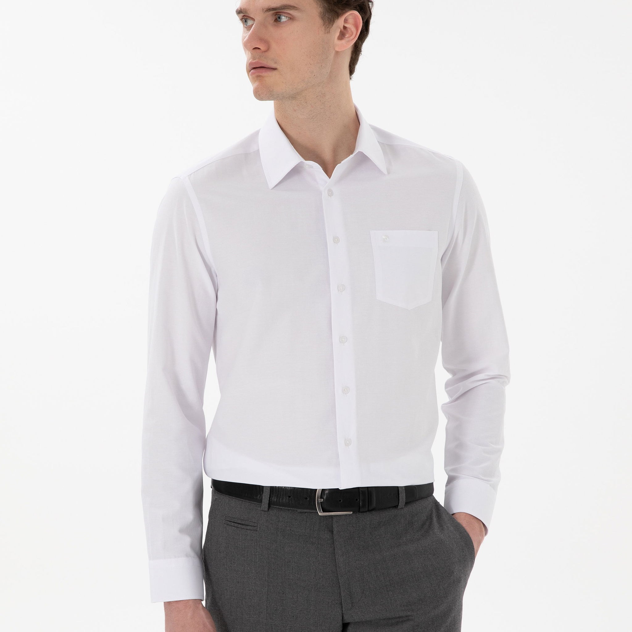 White Regular Fit Long Sleeve Basic Pocket Shirt