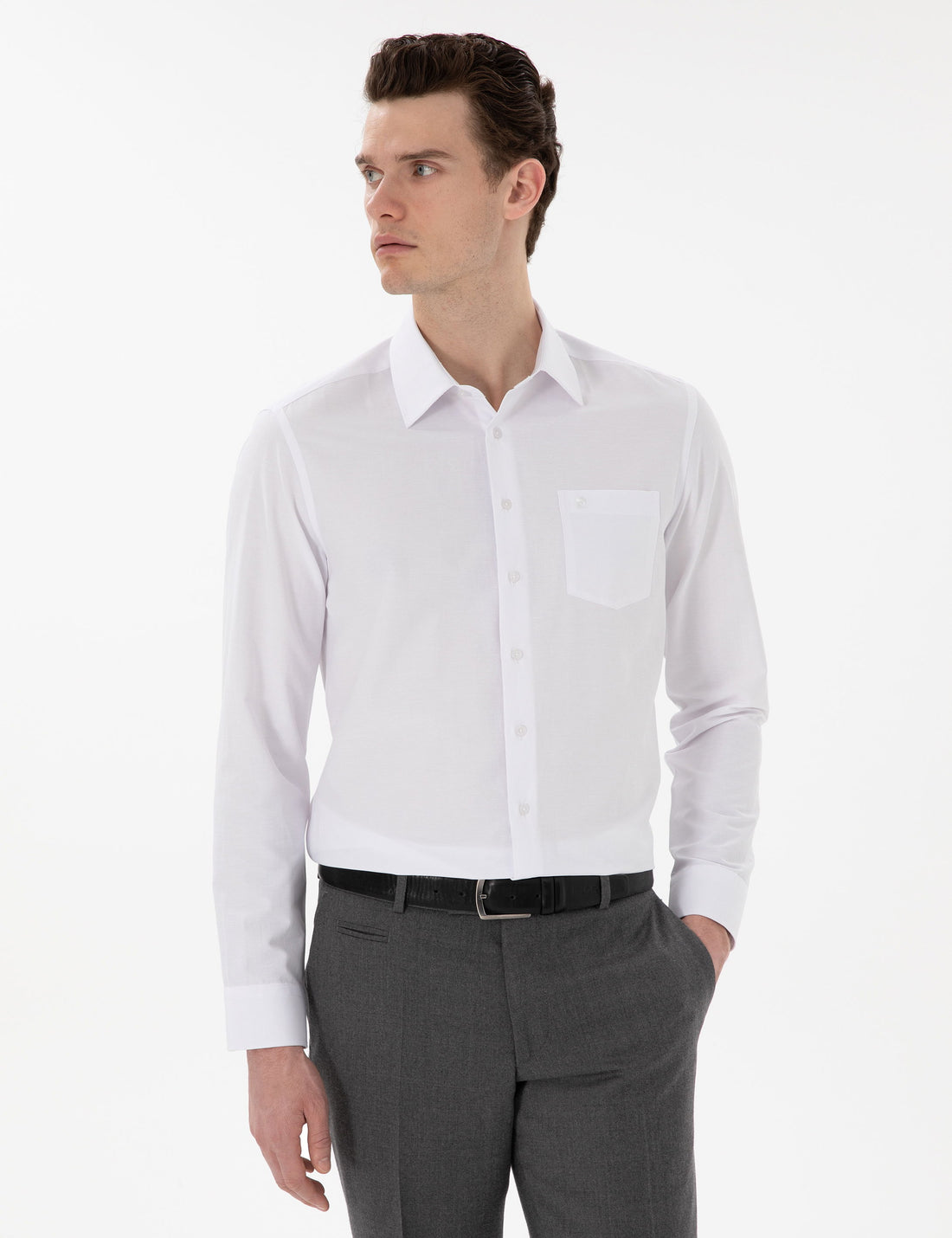 White Regular Fit Long Sleeve Basic Pocket Shirt