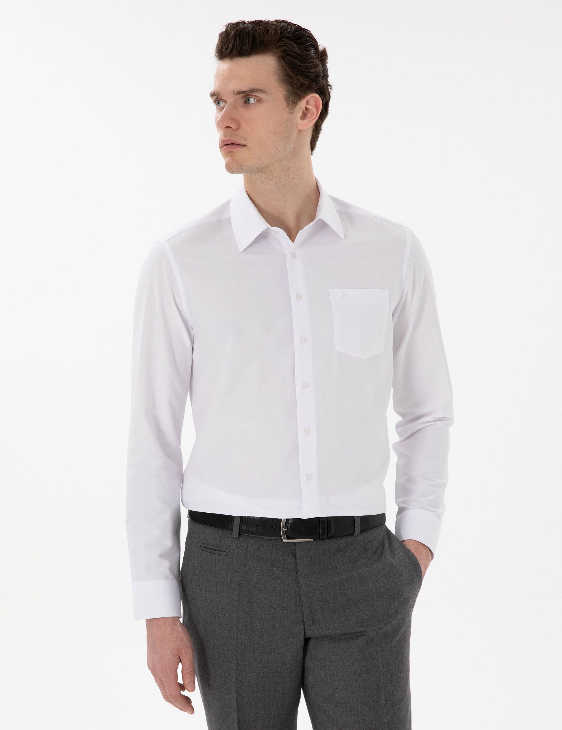 White Regular Fit Long Sleeve Basic Pocket Shirt