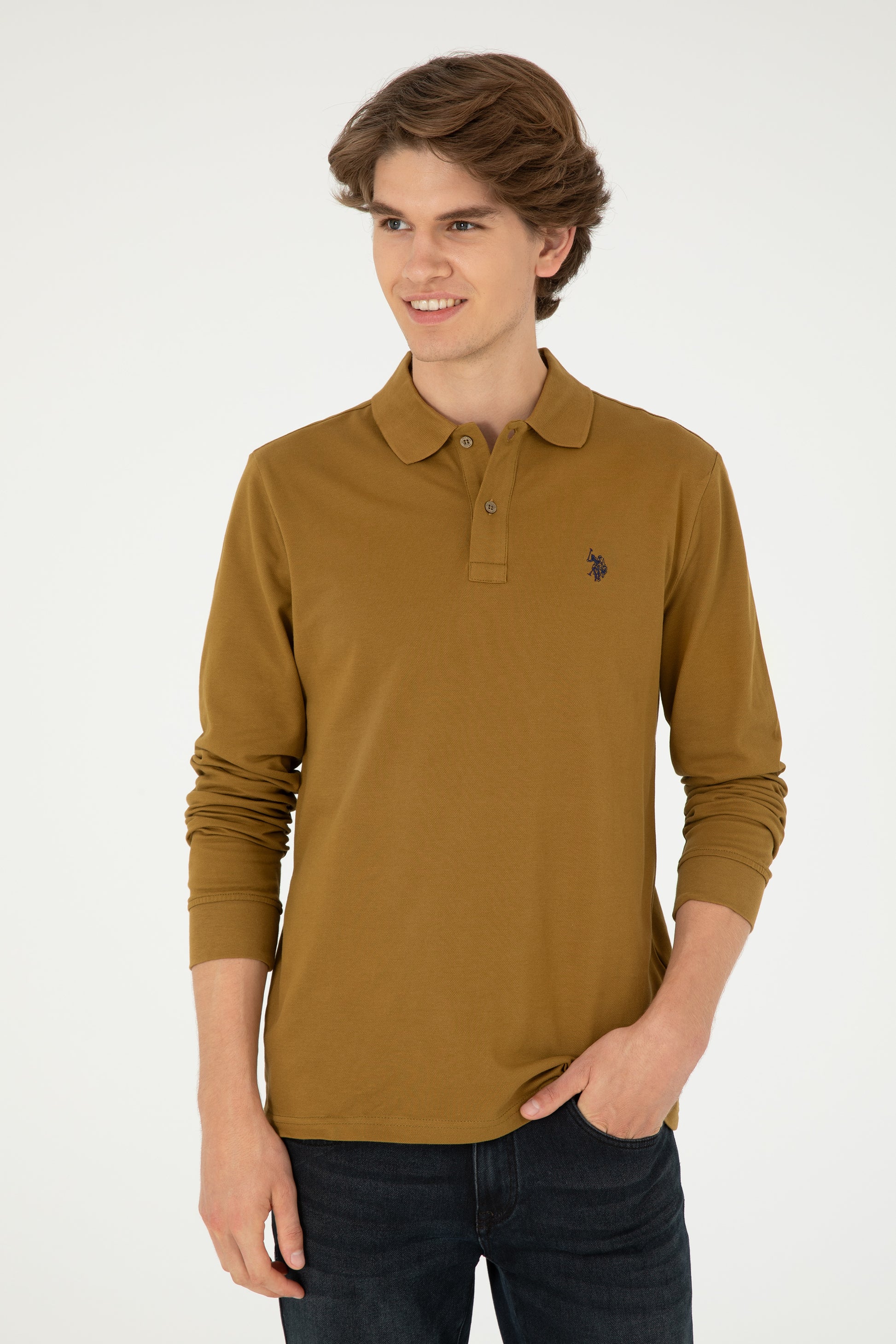 Men's Regular Fit Polo Neck Open Khaki Basic Sweatshirt