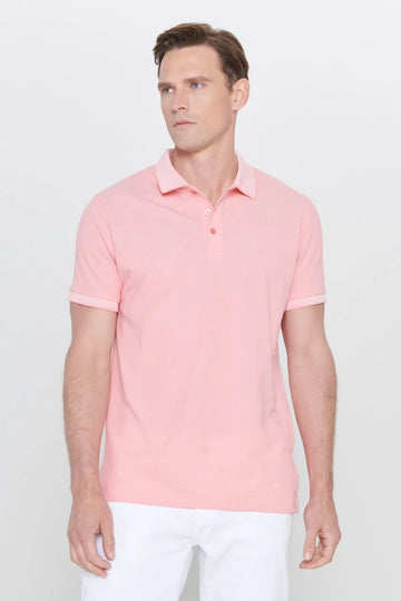 AC&Co / Altınyıldız Classics Men's Shrink-Resistant Cotton Fabric Slim Fit Narrow Cut Pink-White Roll-Up Polo Collar T-Shirt