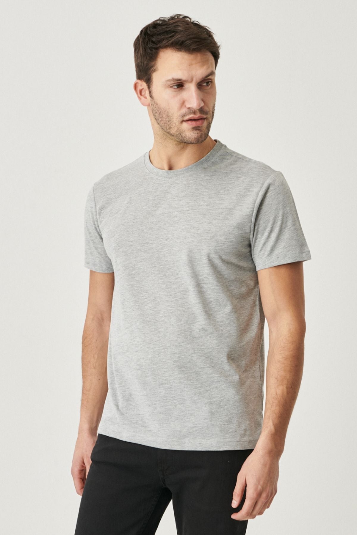 Men's Grey Melange Cotton Slim Fit Slim Fit Crew Neck Basic T-Shirt