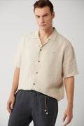 Men's Beige Shirt Apaj Collar 100% Linen Short Sleeve Oversize Fit A41y2209