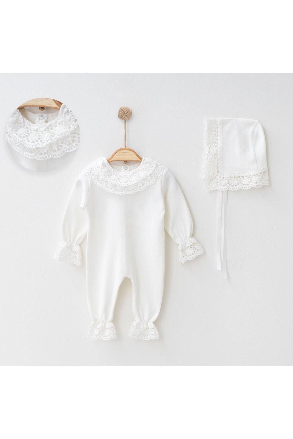 Miço Baby - Thick Lace Design Newborn Hospital Outlet Mevlüt Overalls (GLOVE IS A GIFT.) - 0-3 AY / Ecru