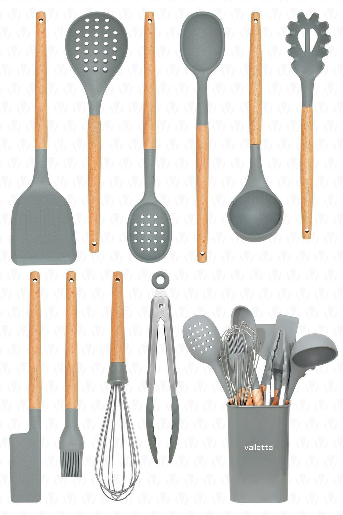 Mattis Heat Resistant Silicone Fireproof Non-stick 11 Piece Serving Set Grey With Stand