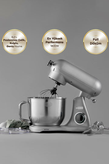 Powercast Chef Die Casting Stand Mixer Silver Kitchen Chef 1800W 6.2 Lt