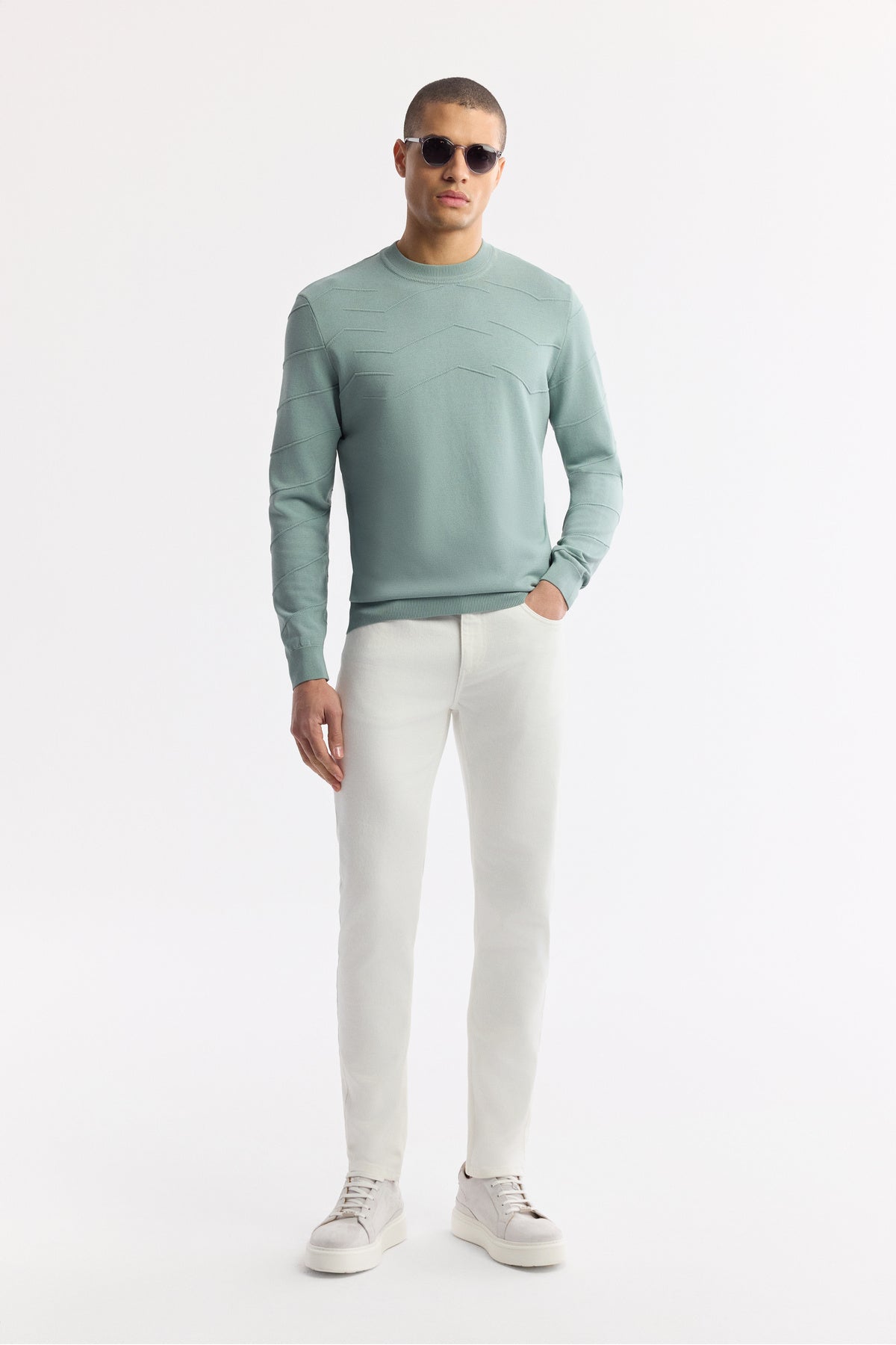 Erkek Nil Yeşili Bisiklet Yaka Dokulu Rayon Triko Regular Fit Kazak A51Y5022