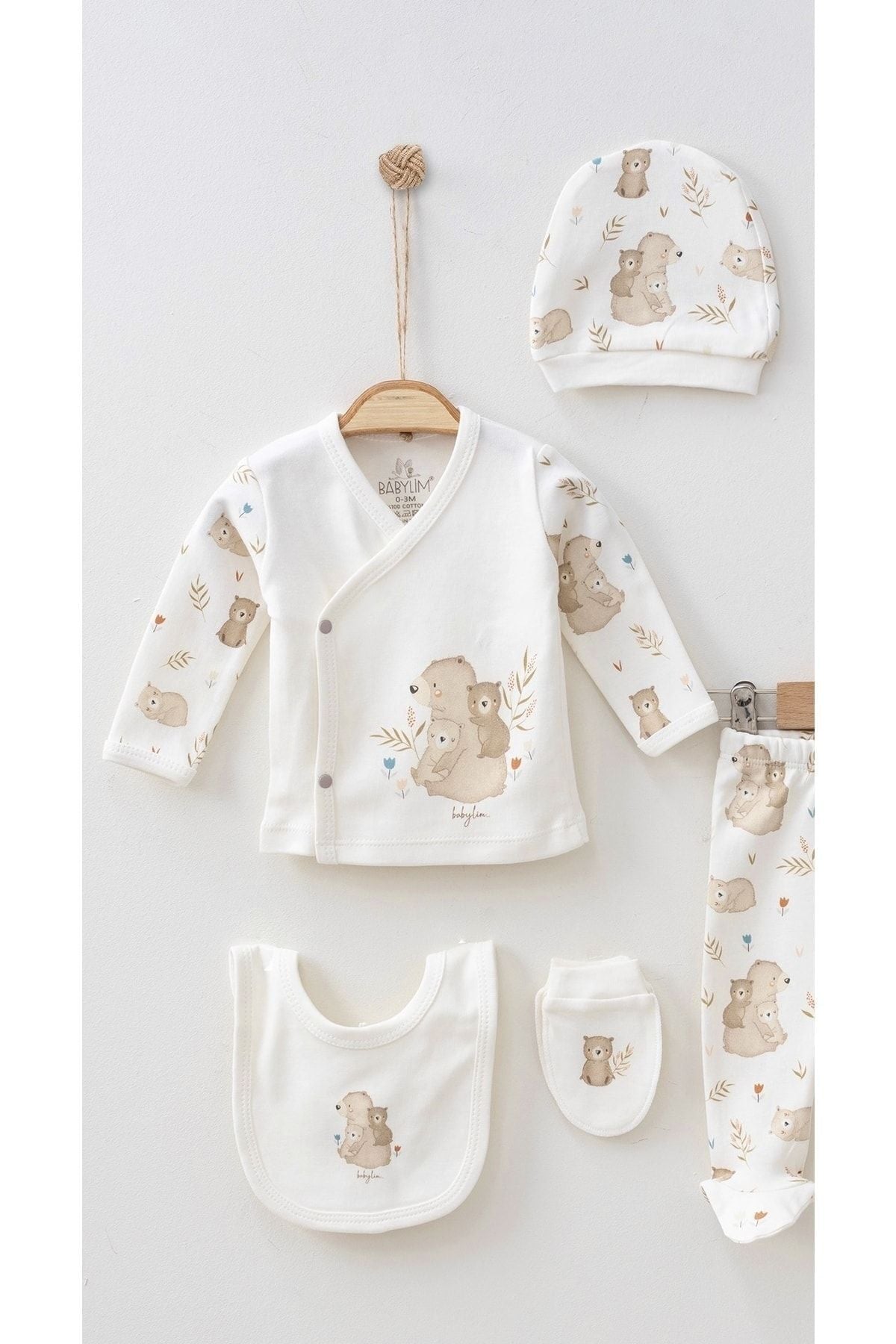 Hospital Outlet Kitten Bear Printed Organic 0-3 Months Unisex Baby 5 Li Newborn Set