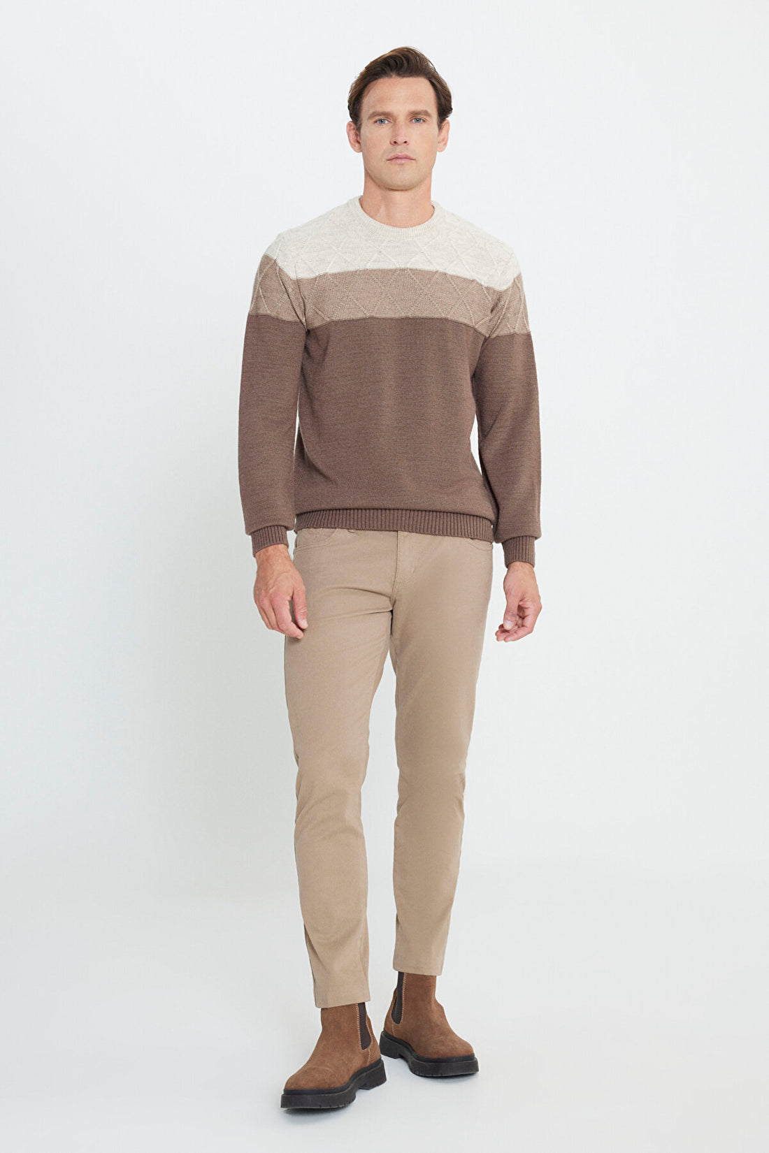 Men's Beige-Coffee Warm Colorblock Pattern Knitwear Sweater Standard Fit Crew Neck