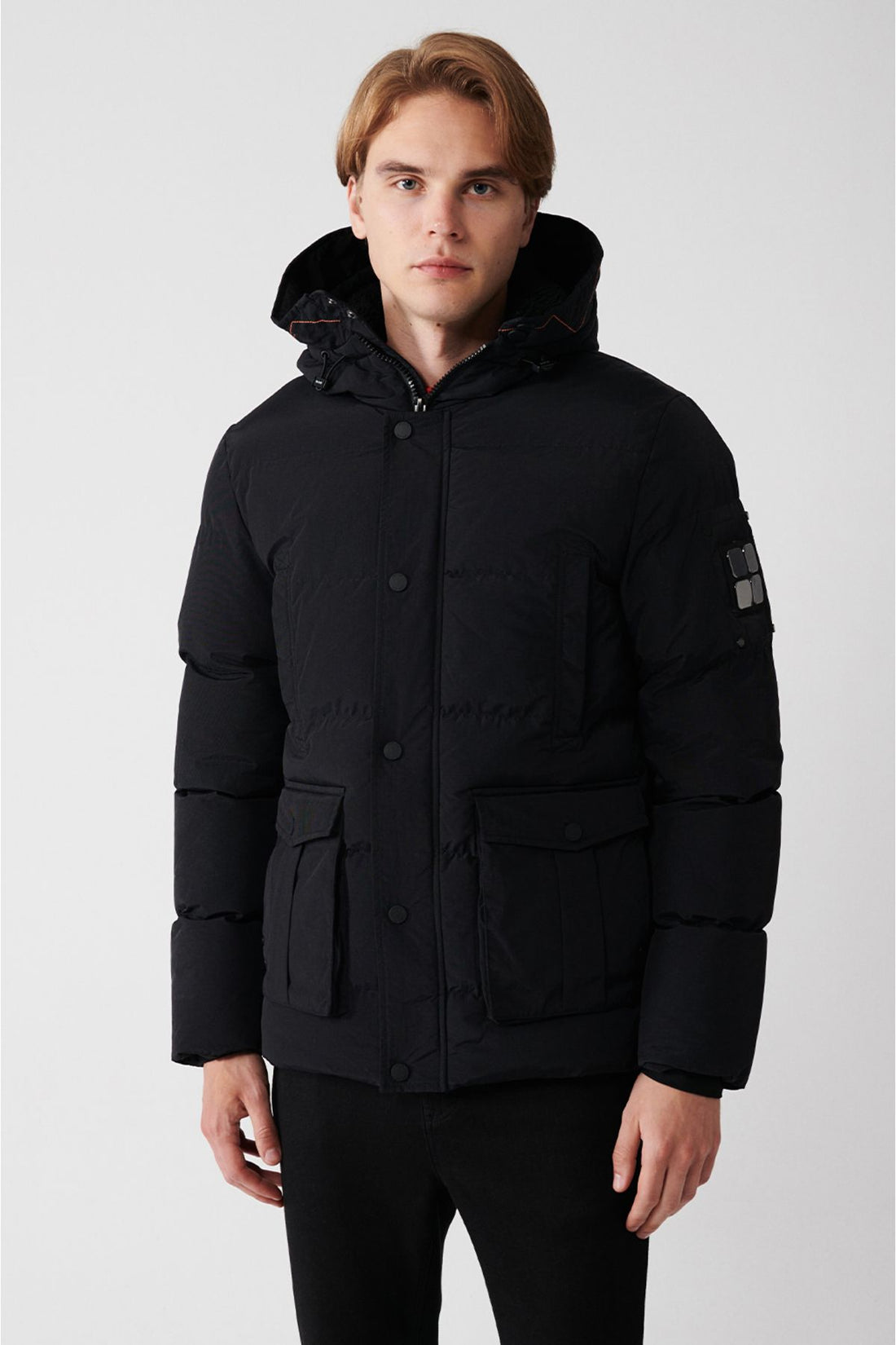 Men's Black Hooded Inside Plush Detailed Water Repellent Windproof Inflatable Coat A32y6046