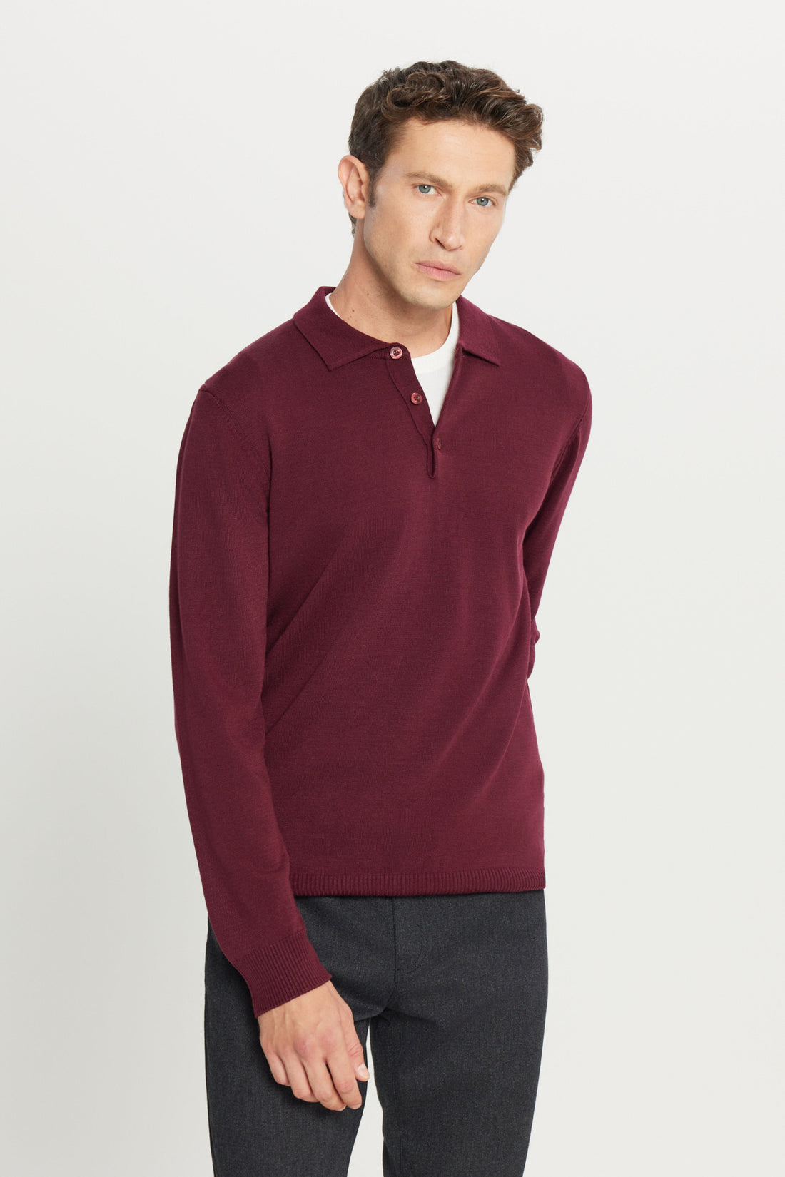 Men's Burgundy Anti-Pilling Anti Pilling Fabric Standard Fit Polo Collar Sweater