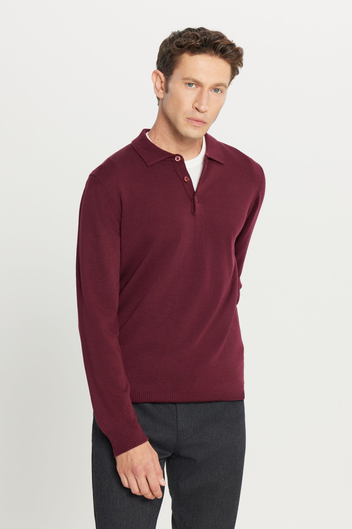 Men's Burgundy Anti-Pilling Anti Pilling Fabric Standard Fit Polo Collar Sweater