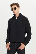 Men's Black Cotton Standard Fit Regular Fit Zipper Bato Collar Jacquard Knitwear Sweater