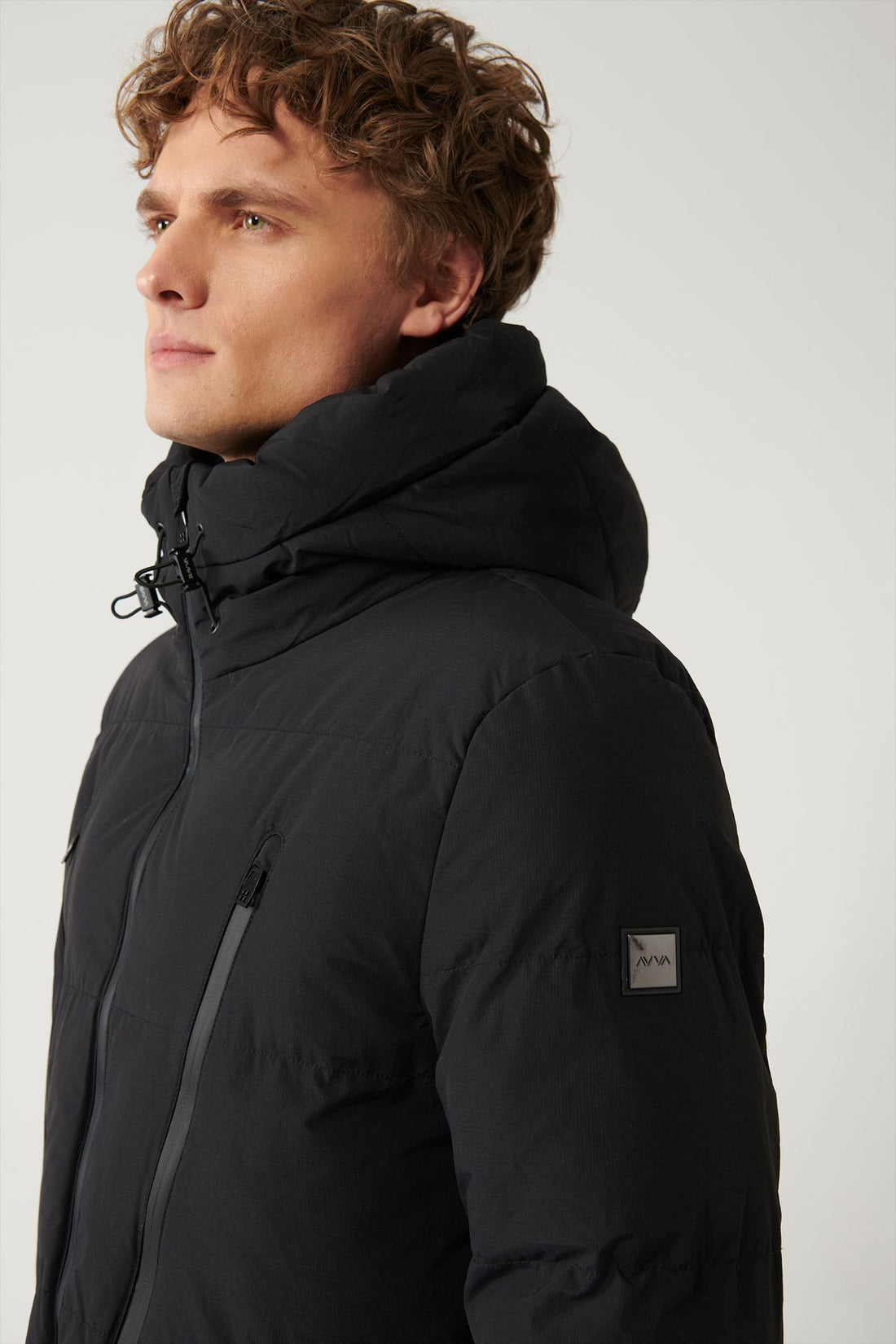 Men's Black Water Repellent Windproof Thermometer Hooded Inflatable Coat A32y6015