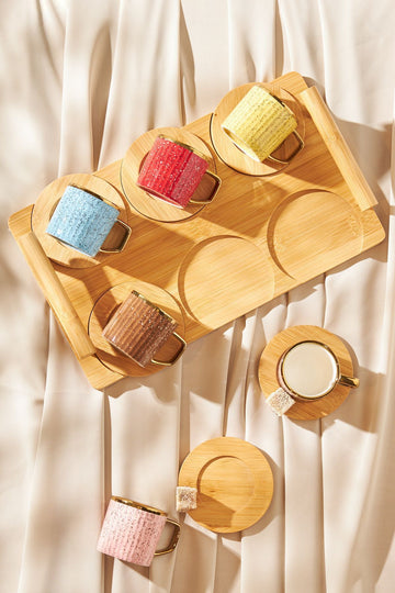 Bamboo Tray Gift Colorful Coffee Cup Set for 6 Persons 90 ml