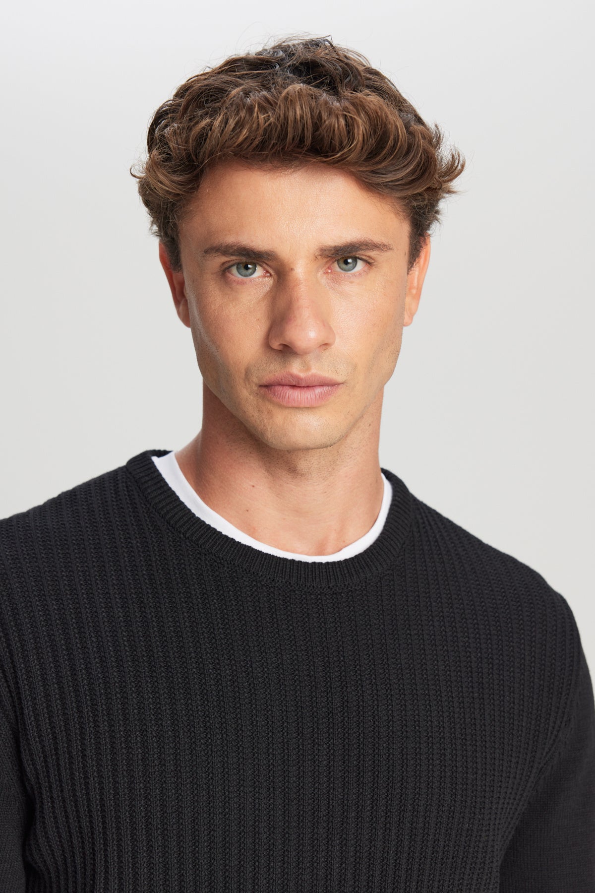 Men's Black Cotton Standard Fit Regular Fit Crew Neck Jacquard Sweater