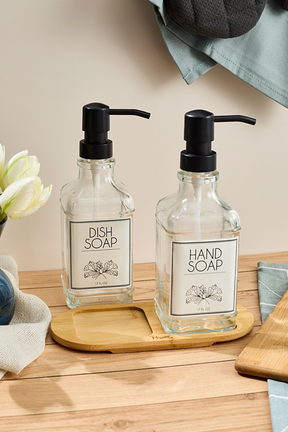 Lozione 2 Pcs Clear Kitchen Liquid Soap Dispenser Set 500ml 500ml With Bamboo Tray