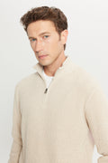 Men's Light Beige Cotton Standard Fit Regular Fit Zipper Bato Collar Jacquard Knitwear Sweater