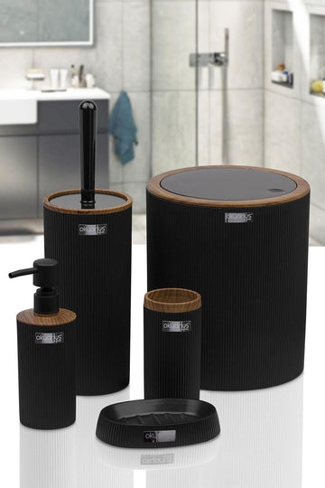 Mina Black Wood Pattern Striped Round 5-Piece Bathroom Set