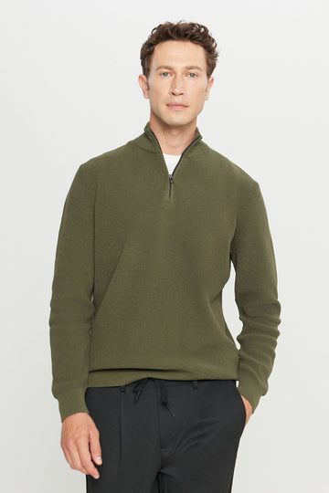 Men's Khaki Cotton Zipper Bato Collar Jacquard Standard Fit Regular Fit Sweater Sweater