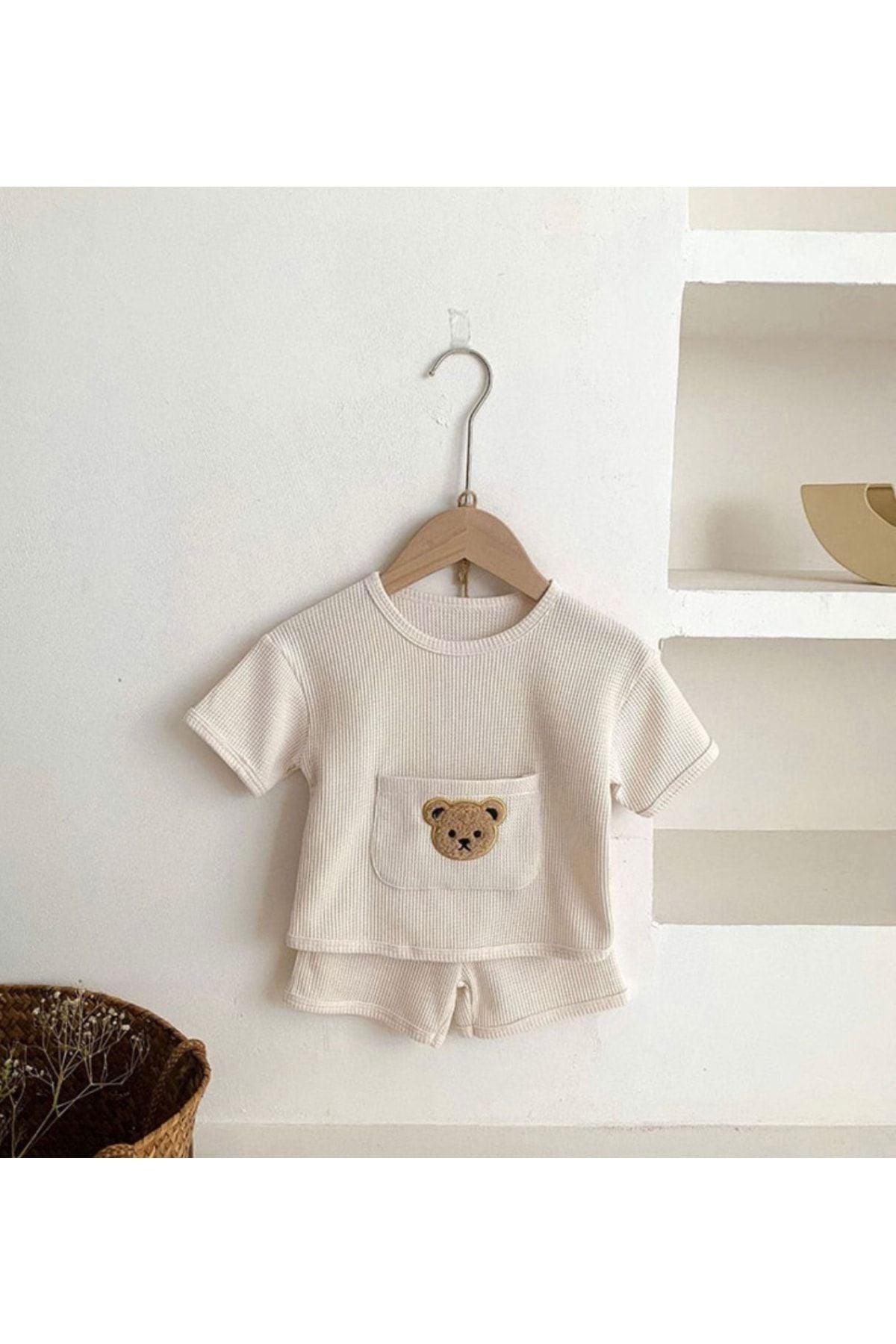 Cotton Summer Baby Kids Shorts Set with Bear Pocket Image - White