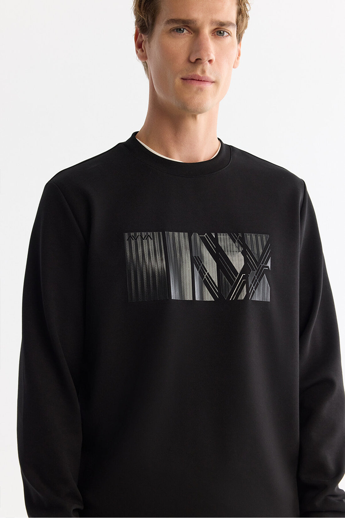 Erkek Siyah Bisiklet Yaka Pamuklu Baskılı Elastan Regular Fit Sweatshirt A42Y1215