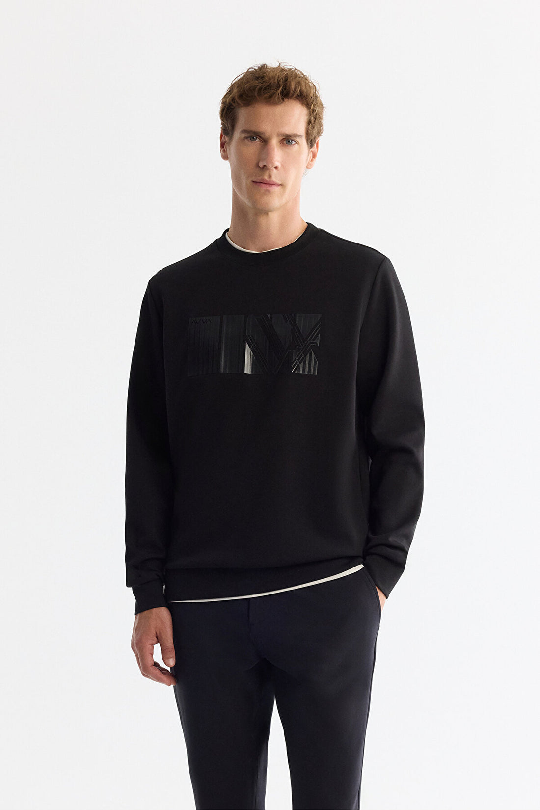 Erkek Siyah Bisiklet Yaka Pamuklu Baskılı Elastan Regular Fit Sweatshirt A42Y1215