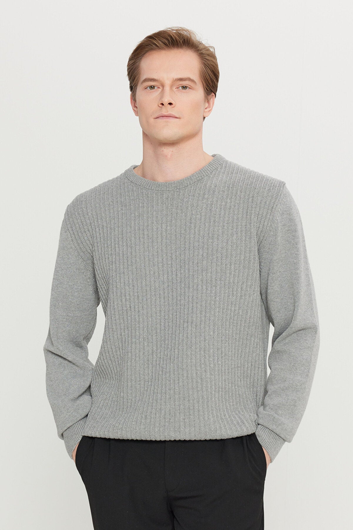 Men's Grey Melange Cotton Standard Fit Regular Fit Crew Neck Jacquard Sweater