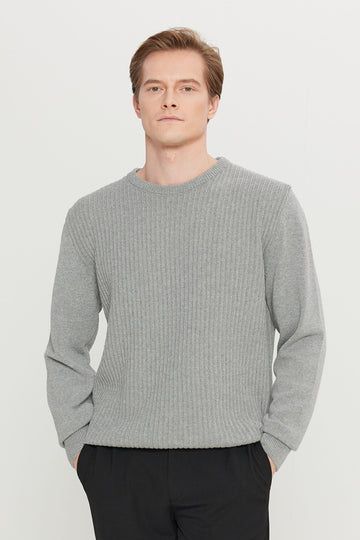 Men's Grey Melange Cotton Standard Fit Regular Fit Crew Neck Jacquard Sweater