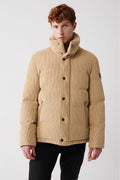 Men's Beige Stand Collar Polyester Garnished Velvet Inflatable Coat A32y6136