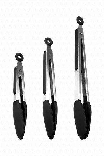 Midori Metal Handle Smart Set of 3 Tongs with Silicone Tip Lock System Black