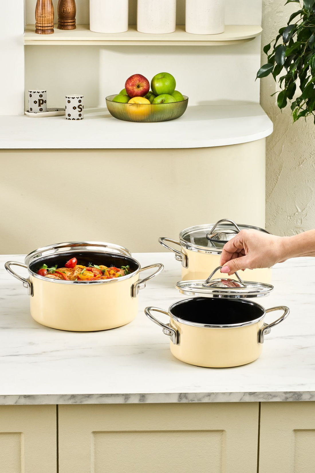 Erva Enamel Induction Base 6 Piece Midi Cookware Set Cream