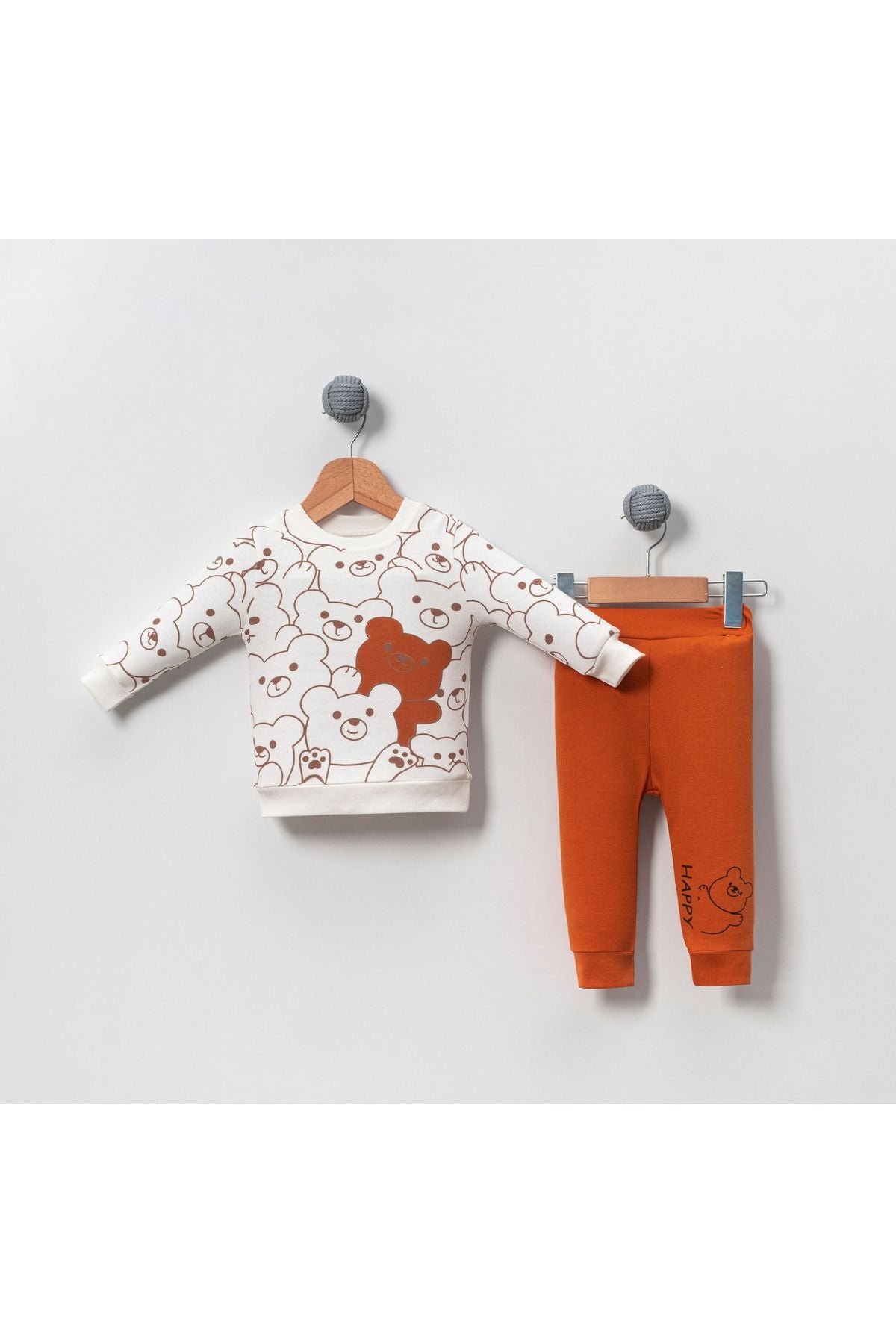 Happy Bear Image Unisex Combed 2-Piece Bottom Suit-Cinnamon