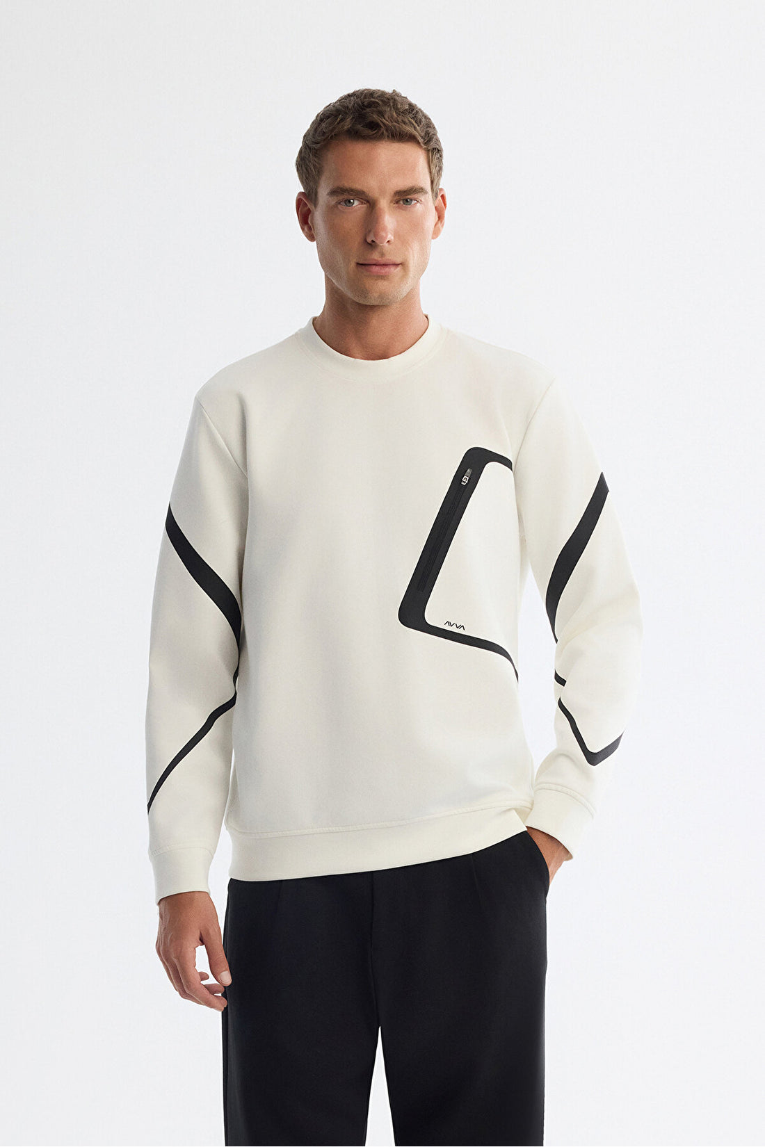 Erkek Ekru Bisiklet Yaka Pamuklu Baskılı Regular Fit Sweatshirt A42Y1317