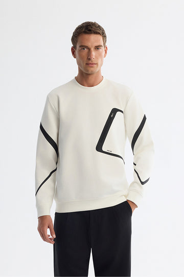 Erkek Ekru Bisiklet Yaka Pamuklu Baskılı Regular Fit Sweatshirt A42Y1317