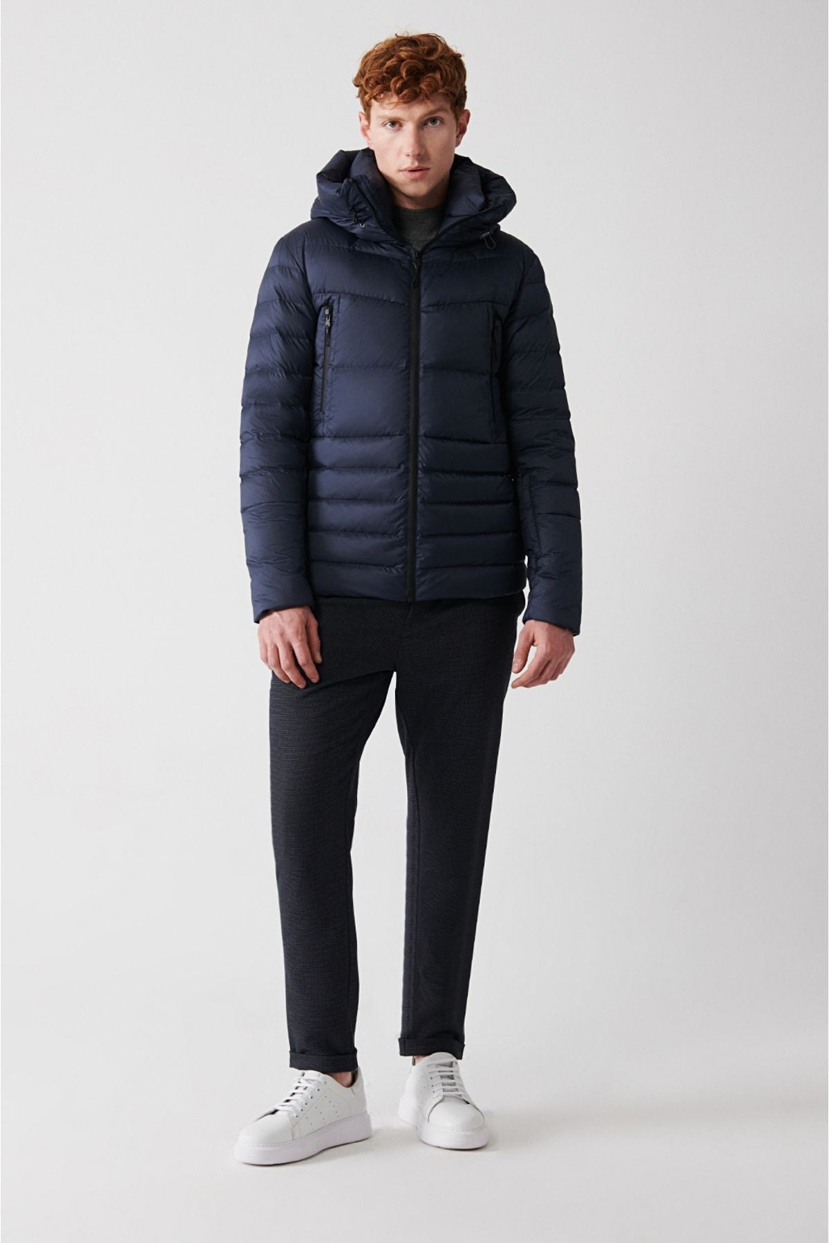 Avva - Men's Navy Goose Feather Water Repellent Windproof Thermometer Hooded Inflatable Coat