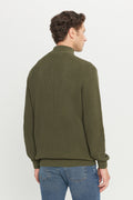 Men's Khaki Cotton Zipper Bato Collar Standard Fit Regular Fit Jacquard Knitwear Sweater