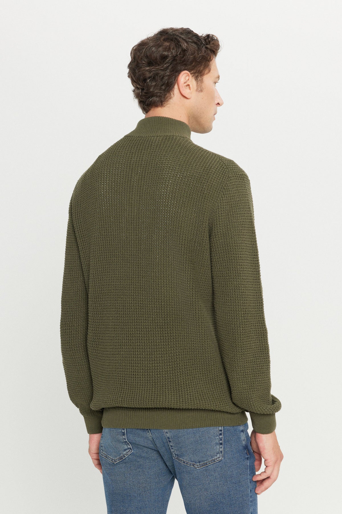 Men's Khaki Cotton Zipper Bato Collar Standard Fit Regular Fit Jacquard Knitwear Sweater