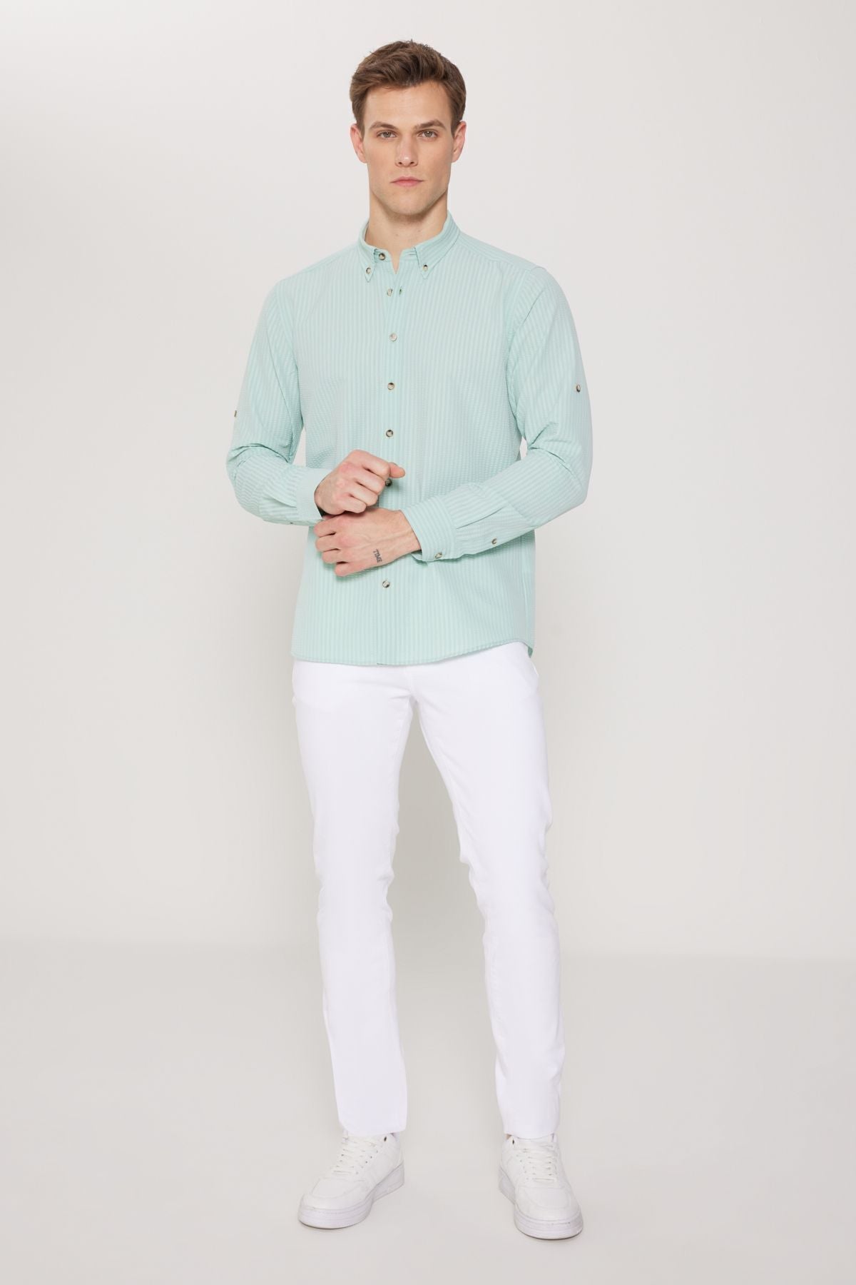 Men's Mint Anti-Wrinkle Technical Oxford Wafer Pattern Slim Fit Slim Fit Buttoned Collar Stretch Shirt